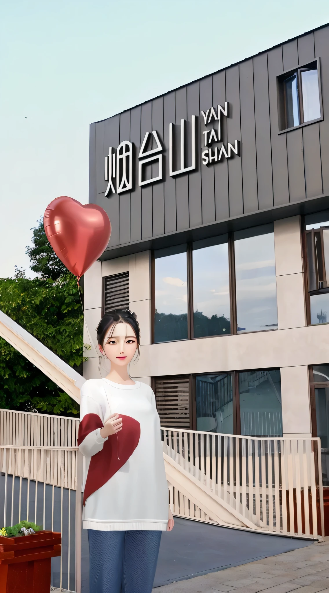 (best quality),(masterpiece),high detail,extremely_detailed_CG_Unite_8K_wallpaper,A woman holds a heart-shaped balloon in front of a building, Inspired by Tang Yifen, Inspired by Ai Xuan, inspired by Wuzhun Shifan, Inspired by Ma Yuanyu, Inspired by Zhang Xiaogang, Inspired by Zhan Ziqian, inspired by the sky, jin shan, Inspired by Huayan, inspired by Qian Xuan