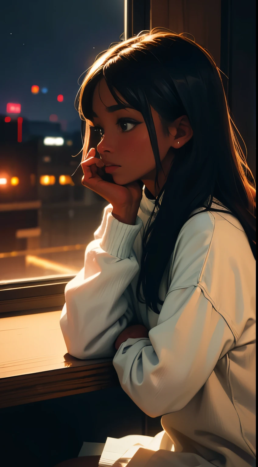 ((masterpiece, best quality, ultra detailed, ultra high res)), ((night)), (distant), chiaroscuro, coffee, indoors, solo focus, pov, (through the window), (armrest), 1 woman,(dark skin), ebony skin, ebony nose, full lips, facing away, black hair, long hair, distracted, sitting, fuzzy sweater shirt, (looking away), streetspace, neon lights, particles, luminous dark brown eyes,