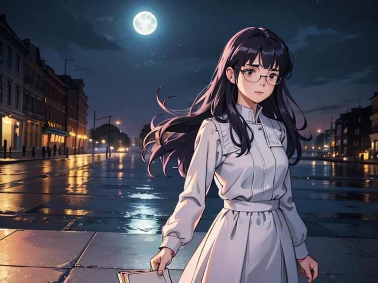 (best quality,4k,8k,highres,masterpiece:1.2),ultra-detailed,(realistic,photorealistic,photo-realistic:1.37),shy,timid,anime-style,mid-twenties girl,standing,glasses,bustling city night scene,city lights,neon signs,reflection in puddles,blurry background,subtle street fog,gentle raindrops,soft pastel colors,calm expression,slightly flushed cheeks,elegant dress,book in hand,loneliness and serenity,full moonlight casting enchanting shadows,peaceful atmosphere,sparkling stars,mysterious charm,depth and layering,striking contrast,gentle wind brushing against her hair,tranquil and dreamy ambiance, silky black hair