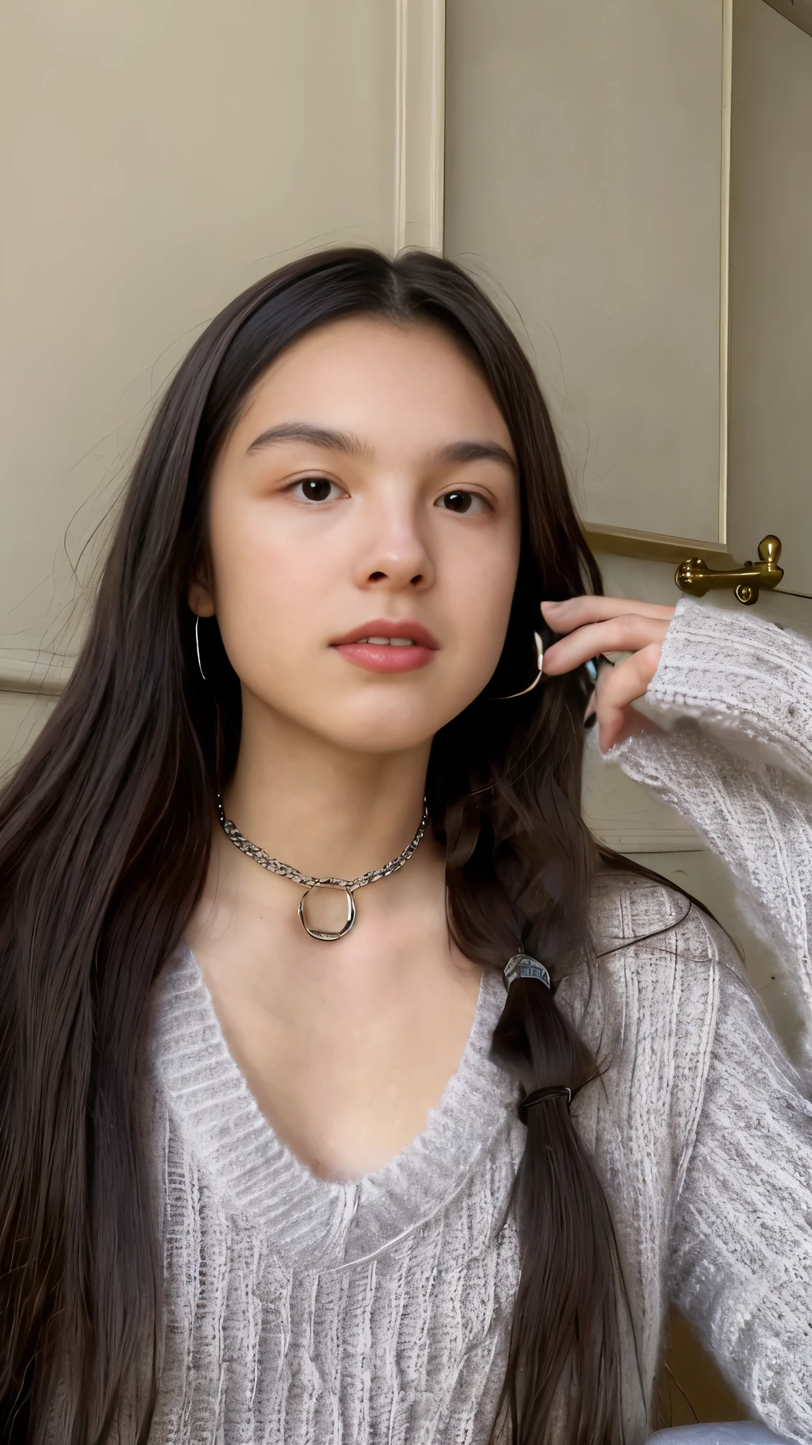 Olivia Rodrigo, , long hair: 1.3, sweater, small neckline, fair skin