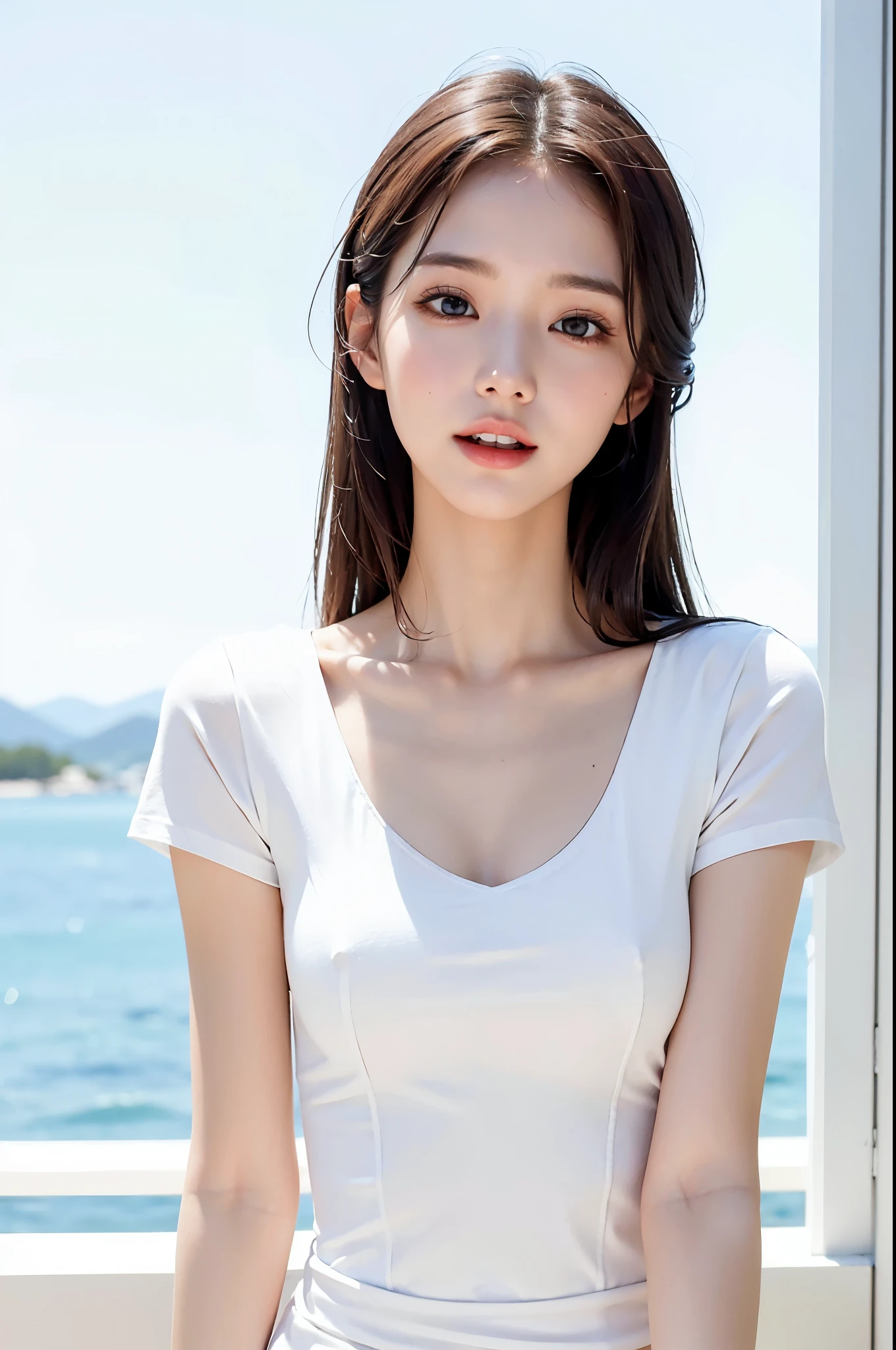 white shirt, 1girl upperbody, A smile, open open mouth, Resort scenery, 25-years old,Ultra Slender Face, Fine Eyes, Double Eyelids,