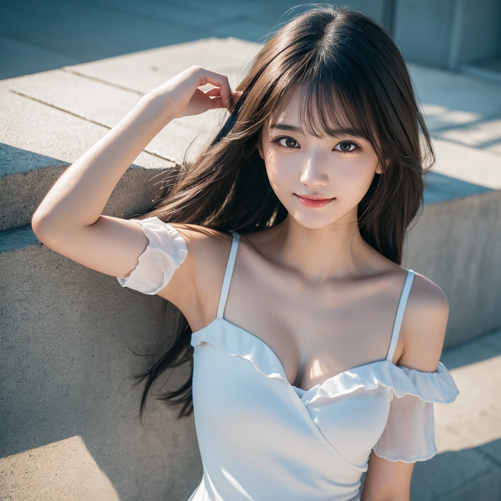 randome pose, mix4, (8K, Raw photography, top-quality, ​masterpiece: 1.45), (realisitic, Photorealsitic: 1.37), one girls, cute little, A smile、Cityscape, natta, profetional lighting, photon maping, Radio City, physically-based renderingt, Gradient black hair, white  hair, Long, a handsome, girl with, tiny chest,Dress-off shoulder, top quality photo, hight resolution, 1080p, (clearface), (Detailed face description), (Detailed hand description), (​masterpiece), realisticlying, extreme light and shadows, dishevled hair, ​masterpiece, lush detail, (Fine facial features), (Highest Quality Photos), (​masterpiece), (finely eye), dual、Look in front of you, Fine clavicle,Emphasis on the armpits、Show lower milk