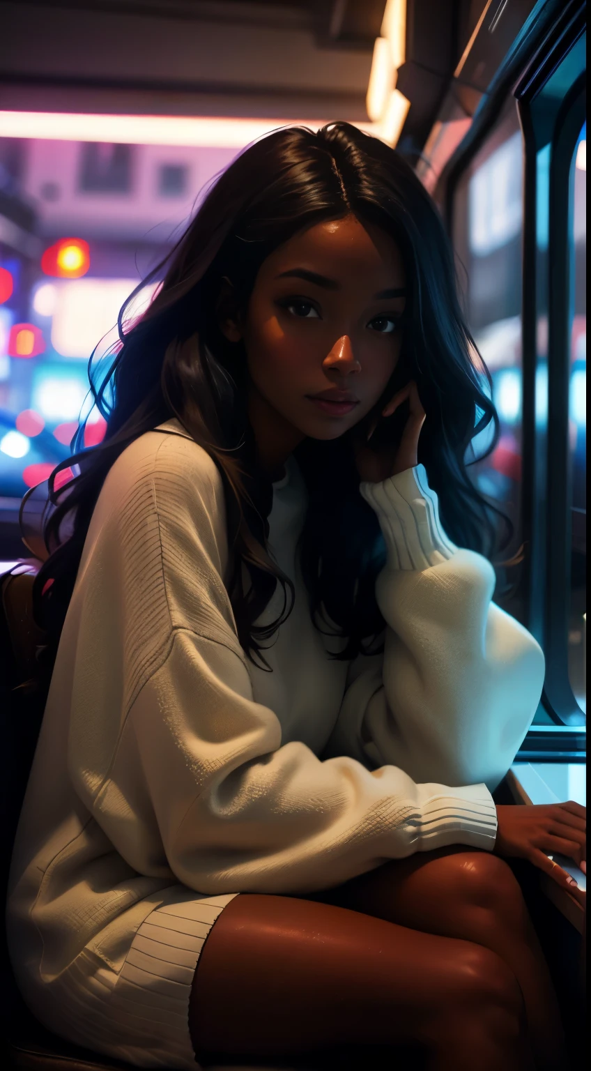 ((masterpiece, best quality, ultra detailed, ultra high res)), ((night)), (distant), chiaroscuro, coffee, indoors, solo focus, pov, (through the window), (armrest), 1 woman,(dark skin), ebony skin, ebony nose, full lips, facing away, black hair, long hair, distracted, sitting, fuzzy sweater shirt, (looking away), streetspace, neon lights, particles, luminous dark brown eyes,