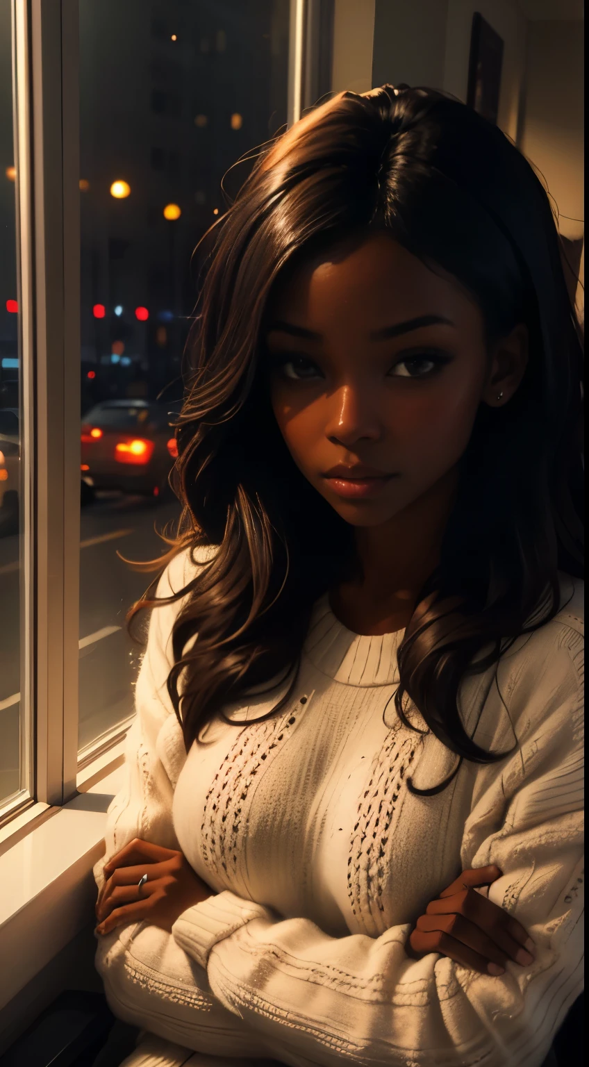 ((masterpiece, best quality, ultra detailed, ultra high res)), ((night)), (distant), chiaroscuro, coffee, indoors, solo focus, pov, (through the window), (armrest), 1 woman,(dark skin), ebony skin, ebony nose, full lips, facing away, black hair, long hair, distracted, sitting, fuzzy sweater shirt, (looking away), streetspace, neon lights, particles, luminous dark brown eyes,