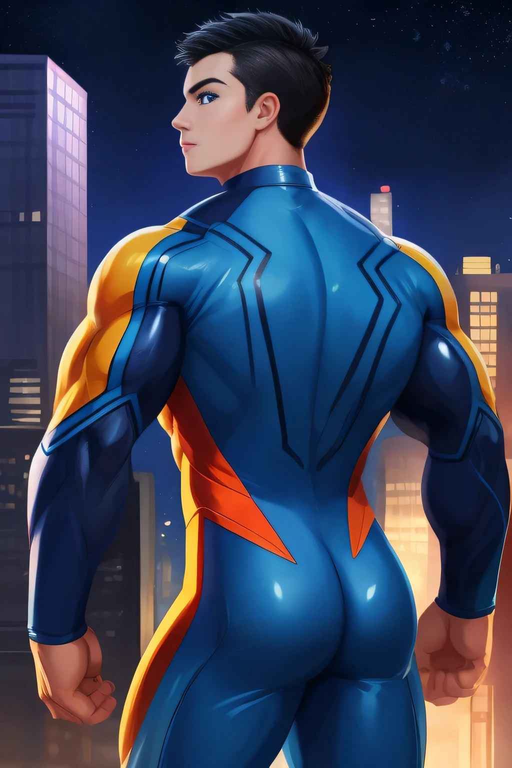 boy, very attractive boy, mexican ethnicity. tan skin, jet black hair, young man, solo, jacked muscle, beautiful musculature, aesthetic striations, inspirational physique, lean muscle, square pecs, beautiful v-taper, great abs and torso, bright bodysuit, standing front, young superhero (young face) ready to fight, top rated pixiv, wears a Bodysuit, very tight bodysuit, chiseled abs, chiseled pecs, with his jet black military haircut and voluminous neck, narrow waist, superhero, white sclera, blue eyes, no horns, brave superhero, human, handsome face, young. City background, skyscraper, futuristic city, night, stars, night lights, skill image, looking to the viewer, hero whose presence inspires trust and respect. (((His hero suit is black and blue.))) (((BACK))) huge and firm muscular thighs, round buttocks and round butt inward with the back, shapely buttocks, firm ass ((firm and shapely buttocks)). (((BACK))). (((BACK))). (((BACK))).