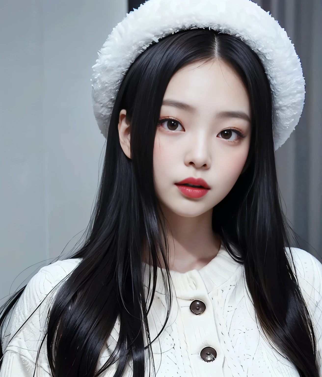 a korean girl with long black hair and she wears bangs, nude red lips, it girl makeup, she wears stuffed clothes with a white hat, it's very warm. takes a selfie, beautiful woman, realistic, good quality, high quality, jennie, very black straight hair, semi open thick lips, winter white clothes, photos as a photo session, jennie kim