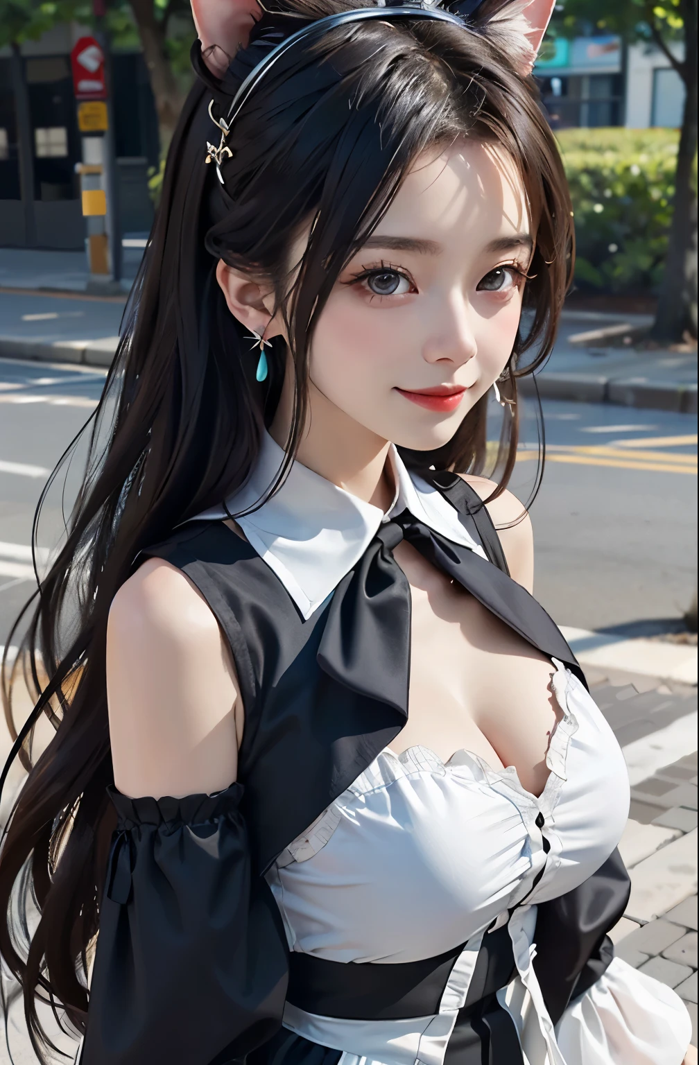 Outdoors, 1 , view from above, upper body whole body, Henri, long hair, half updo, Mitsuami, hair between eyes, animal ears, earrings, majiriwei, big boobs, frills, Black Ascot, green one piece, (sleeves past wrists:1.2), black thighs, upward gaze, shy smile