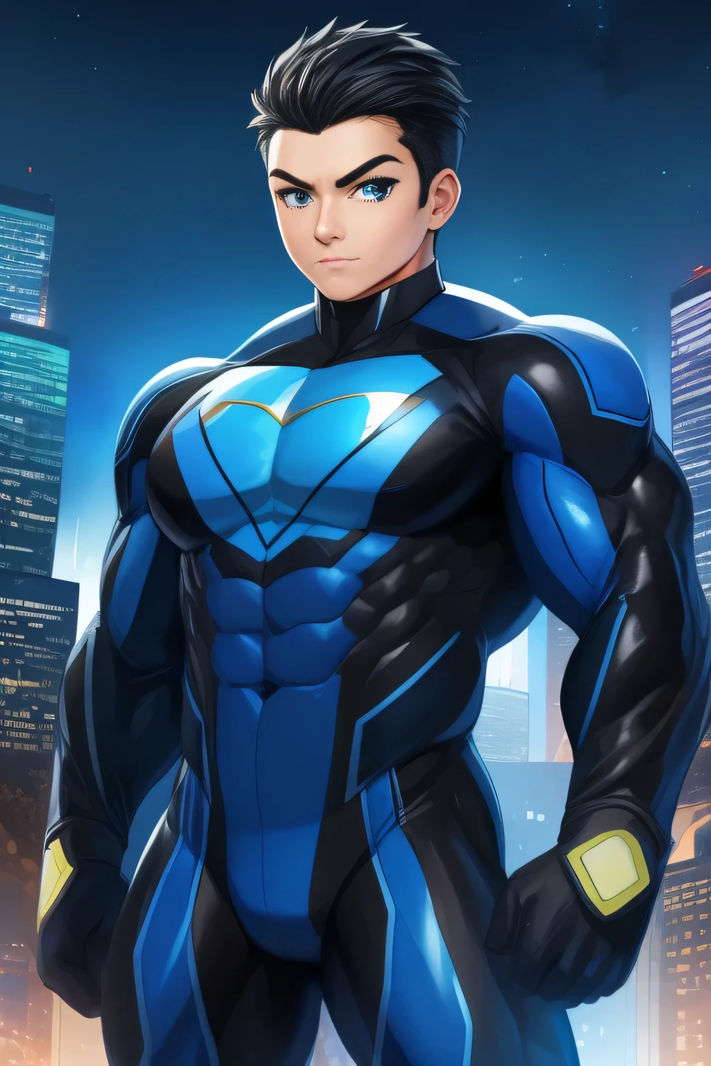 boy, very attractive boy, mexican ethnicity. tan skin, jet black hair, young man, solo, jacked muscle, beautiful musculature, aesthetic striations, inspirational physique, lean muscle, square pecs, beautiful v-taper, great abs and torso, bright bodysuit, standing front, young superhero (young face) ready to fight, top rated pixiv, wears a Bodysuit, very tight bodysuit, chiseled abs, chiseled pecs, with his jet black military haircut and voluminous neck, narrow waist, superhero, white sclera, blue eyes, no horns, brave superhero, human, handsome face, young. City background, skyscraper, futuristic city, night, stars, night lights, skill image, looking to the viewer, hero whose presence inspires trust and respect. (((His hero suit is black and blue.))) (((BACK))) huge and firm muscular thighs, round buttocks and round butt inward with the back, shapely buttocks, firm ass ((firm and shapely buttocks)). (((BACK))). (((BACK))). (((BACK))).