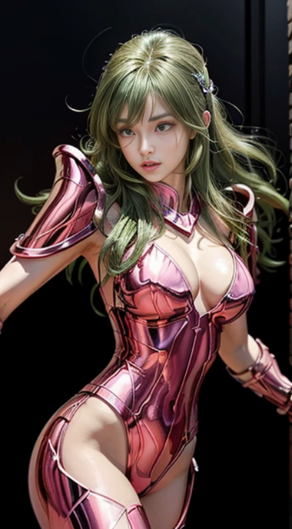 Pose sensual, foto corpo inteiro, At the Coliseum in Greece, ultra realistic, in Greece, rosto detalhado, olhos detalhados, nariz detalhado, boca detalhado, Torneios de Artes Marciais, Saint Seiya,  bonita, boneca koreana, athletic body, huge breastagem da mrnas torneadas, He wears metallic pink shiny futuristic combat bikini armor, green hair, Shiny silver chains are connected on all sides, An unbelievable number of shiny chains, Armadura com correntes, 8k, qualidade superior, beleza dos pelos pubianos, high resolution, very high resolution, 1080P, hard disk, 4k, 8k, 16k, muito detalhado, realista, 8k, Cinema 4D, Arte extremamente detalhado, [ Arte Digital 4K ]