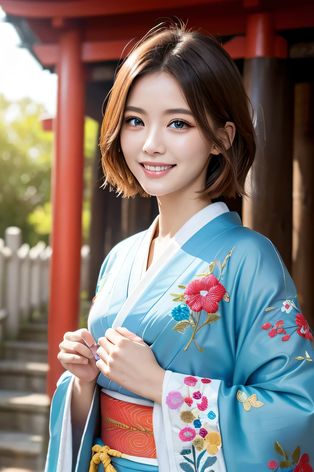 (RAW shooting), (photo-realistic), ((masterpiece)), ((highest quality)), (super detailed), ((cute)), cute, ((very detailed)), (fine eyes), (detailed facial features), (fine fingers), (Detailed clothing characteristics), 4K, (8K), highest quality, (beautiful), (Upper body:1.3), selfie, (Lively Japanese shrines:1.4), ((walk)), sunrise, Beautiful woman, alone, (Brightly colored luxury kimono:1.3), (luxurious embroidery kimono:1.3), beautiful Light Brown hair, beautiful Blue Eyes, ((beautiful目)), short hair, white teeth, (great joy:1.3), Lens flare, shine with colored light, shiny