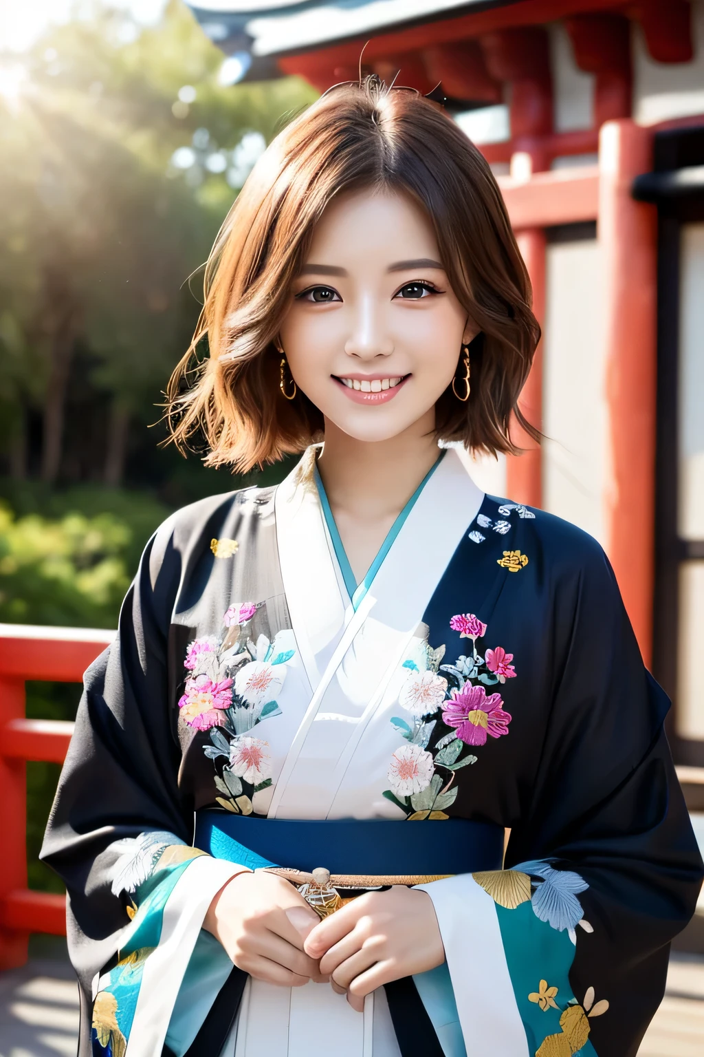 (RAW shooting), (photo-realistic), ((masterpiece)), ((highest quality)), (super detailed), ((cute)), cute, ((very detailed)), (fine eyes), (detailed facial features), (fine fingers), (Detailed clothing characteristics), 4K, (8K), highest quality, (beautiful), (Upper body:1.3), selfie, (Lively Japanese shrines:1.4), ((walk)), sunrise, Beautiful woman, alone, (Brightly colored luxury kimono:1.3), (luxurious embroidery kimono:1.3), beautiful Light Brown hair, beautiful Blue Eyes, ((beautiful目)), short hair, white teeth, (great joy:1.3), Lens flare, shine with colored light, shiny