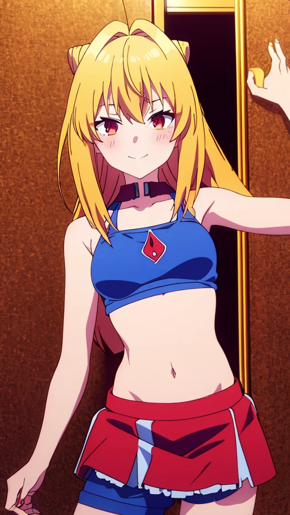 terakomari gundesblood, loli, golden hair, Red eyes, belly, stomach, navel, side boobs, (ultra high quality), detailed, 8k, masterpiece, looking viewers, small breast, perfect face, mini skirt, sfw, blush face, denim short, crop tanktop, pride smile, tsundere 