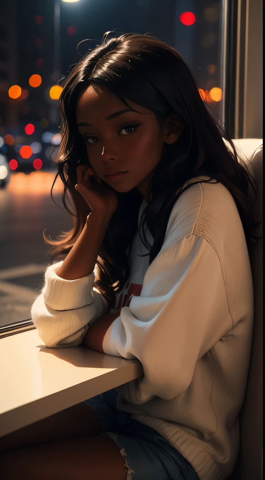 ((masterpiece illustration, best quality, ultra detailed, ultra high res)), ((night)), (distant), chiaroscuro, coffee, indoors, solo focus, pov, (through the window), (armrest), 1 woman,(dark skin), ebony skin, ebony nose, full lips, facing away, black hair, long hair, distracted, sitting, fuzzy sweater shirt, (looking away), streetspace, neon lights, particles, luminous dark brown eyes,