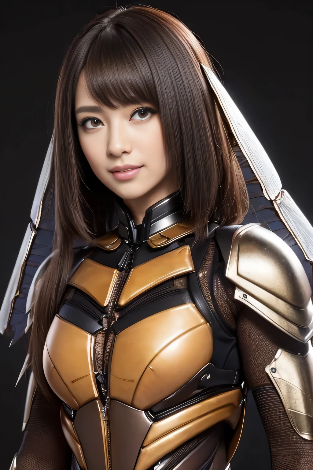(High resolution,masterpiece,highest quality,Very detailed CG, anime, official art:1.4), realistic, photograph, amazing detail, all complicated, luster and luster,great many layers, 8k wallpaper, 3D, sketch, cute, figure,( alone:1.4), perfect female proportions,villain's daughter, (Fusion of dark brown cockroach and lady:1.4), (brown cockroach form lady:1.2), (brown cockroach woman:1.2), (Fusion:1.2), (alone:1.4), (evil smile:1.2), muscular, abs, (Cockroach brown exoskeleton bio insect suit:1.4), (Cockroach brown exoskeleton bio insect armor:1.2), (brown transparent cockroach feathers:1.4), (brown cockroach antenna:1.3),