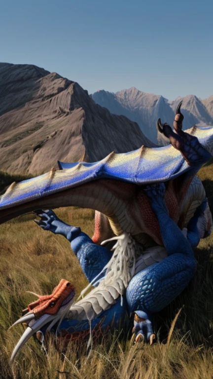 HD graphics，Detailed and realistic，high detal，high qulity，photo-realistic，photorealistic eye，Detailed paws，Masterpiece artwork，top-quality，32k，hyper HD, (((blue feral wyvern, balls, flared penis, blue feral wyvern, wings))) ,in field ((((hyper flared penis, cumswap, duo, lying, anal)))), ((((muscular,, blue feral wyvern on two legs, paw on flared penis)))), ((((looking at each other))))
