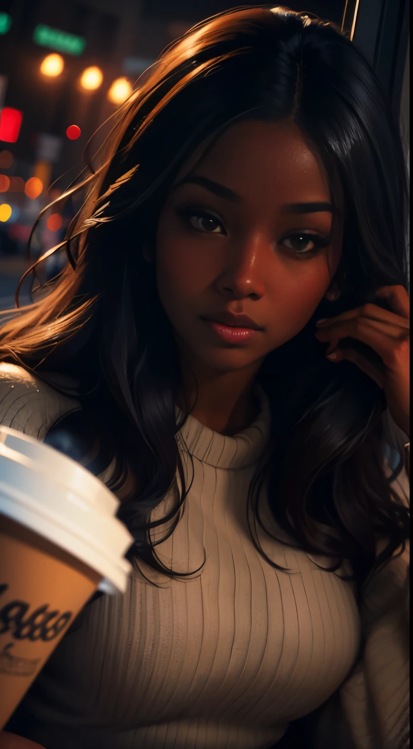 ((masterpiece illustration, best quality, ultra detailed, ultra high res)), ((night)), (distant), chiaroscuro, coffee, indoors, solo focus, pov, (through the window), (armrest), 1 woman,(dark skin), ebony skin, ebony nose, full lips, facing away, black hair, long hair, distracted, sitting, fuzzy sweater shirt, (looking away), streetspace, neon lights, particles, luminous dark brown eyes,