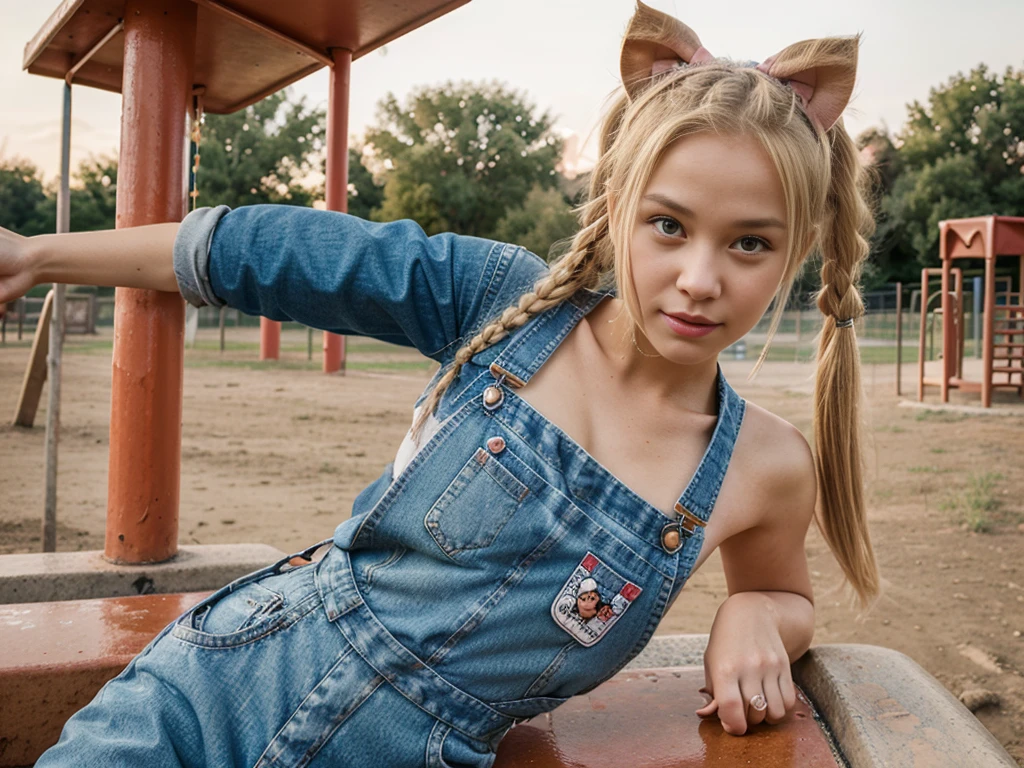 1 Woman, denim overall, cartoon character on bib, lolipop, playground, blonde hair in pig tails, red bow, winks, mentaly handicaped, cowboy shot