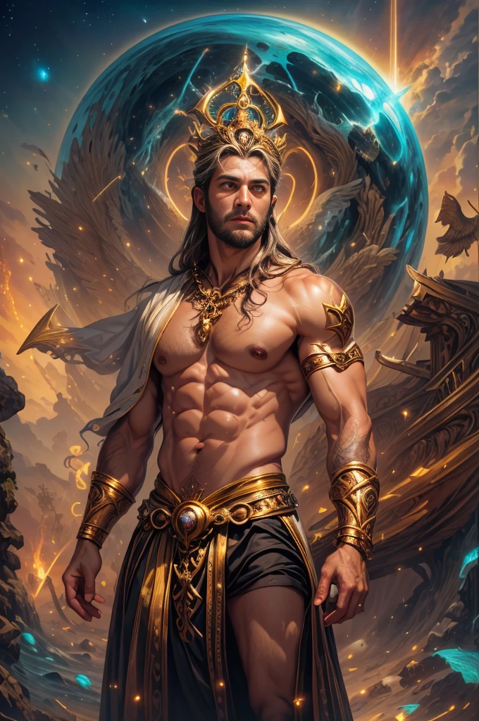 um retrato de(( um homem )) com barba, ((pernas musculosas)), ((peitoral forte e largo))in high definition, em 8K de ((um homem)) de 18 anos, (( Homem)), Deus do Mar, Deus do Oceano, Luthien, arte de deus, Deus da mitologia grega, Deus da Lua, Deus do amor e da paz, deus bonito, Mitologia do Deus da Terra, o deus Eros, Um retrato impressionante de um deus, Frank Kelly Freas, Estilo Karol Bak, ((beautiful face)), Ultra Definition, melhor qualidade, 32k ultra , Ultra HD