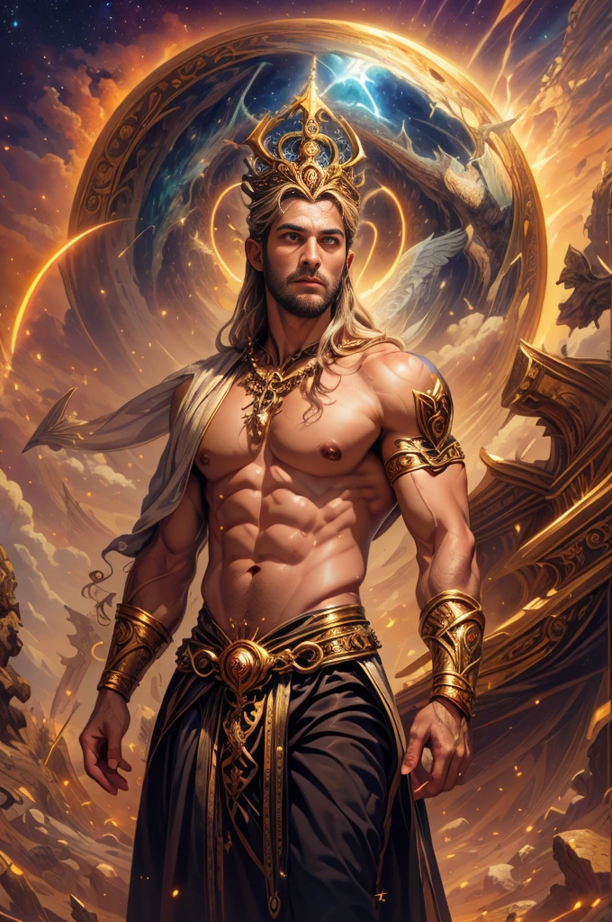 um retrato de(( um homem )) com barba, ((pernas musculosas)), ((peitoral forte e largo))in high definition, em 8K de ((um homem)) de 18 anos, (( Homem)), Deus do Mar, Deus do Oceano, Luthien, arte de deus, Deus da mitologia grega, Deus da Lua, Deus do amor e da paz, deus bonito, Mitologia do Deus da Terra, o deus Eros, Um retrato impressionante de um deus, Frank Kelly Freas, Estilo Karol Bak, ((beautiful face)), Ultra Definition, melhor qualidade, 32k ultra , Ultra HD