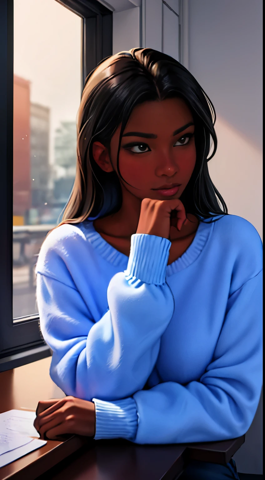 ((masterpiece, best quality, ultra detailed, ultra high res)), ((night)), (distant), chiaroscuro, coffee, indoors, solo focus, pov, (through the window), (armrest), 1 woman,(dark skin), ebony skin, ebony nose, full lips, facing away, black hair, long hair, distracted, sitting, fuzzy sweater shirt, (looking away), streetspace, neon lights, particles, luminous dark brown eyes,