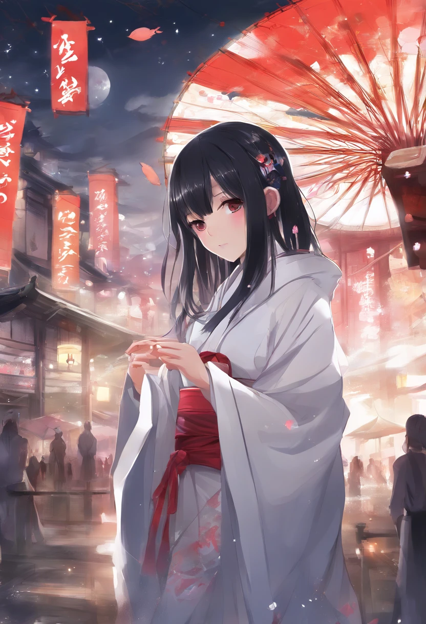 Tokyo with no one、dazzling light、japanese girl、、black hair、medium long hair、white kimono、mini skirt、geta、wearing a hood、floating、wear an aura、floating、gentle expression、SakuraFubuki