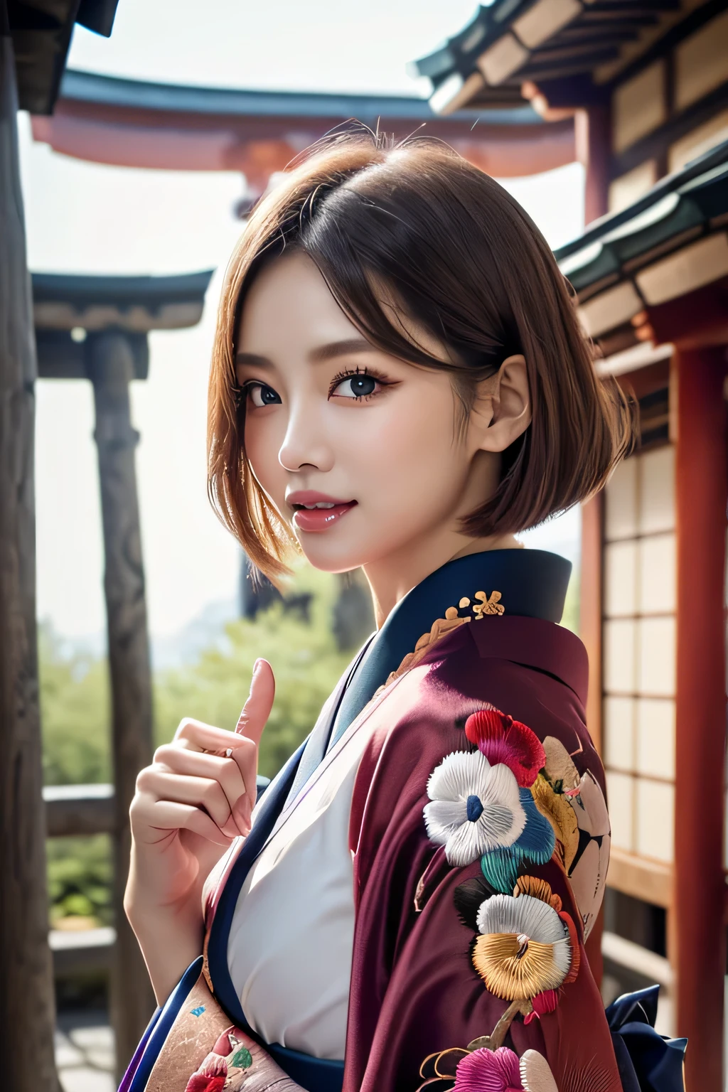 (RAW shooting), (photo-realistic), ((masterpiece)), ((highest quality)), (super detailed), ((cute)), cute, ((very detailed)), (fine eyes), (detailed facial features), (fine fingers), (Detailed clothing characteristics), 4K, (8K), highest quality, (beautiful), (Upper body:1.3), (Put her finger on my lips:1.5), (Lively Japanese shrines:1.4), ((walk)), sunrise, Beautiful woman, alone, (Brightly colored luxury kimono:1.3), (luxurious embroidery kimono:1.3), beautiful Light Brown hair, beautiful Blue Eyes, ((beautiful目)), short hair, white teeth, (great joy:1.3), Lens flare, shine with colored light, shiny