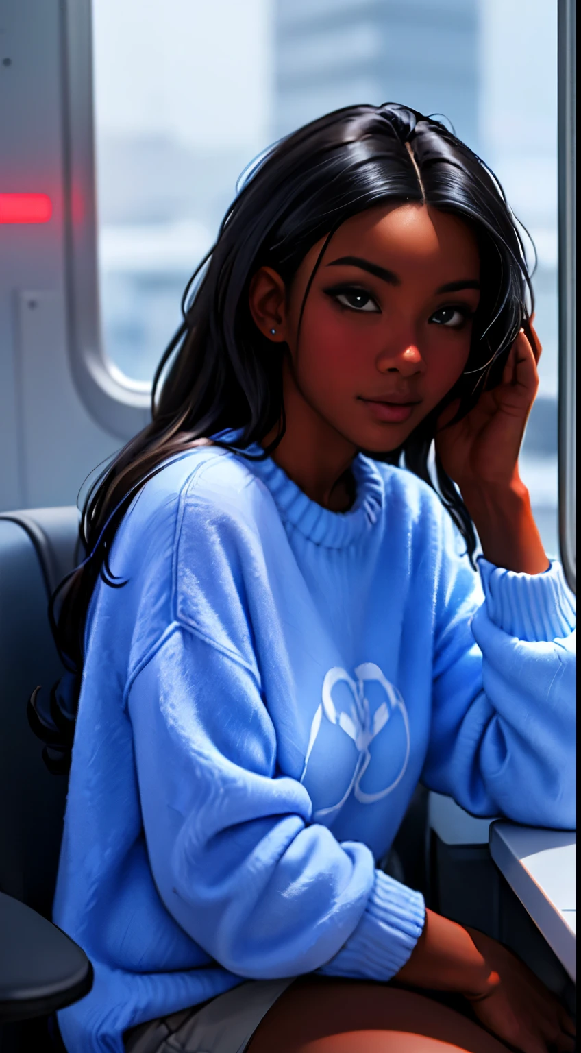 ((masterpiece, best quality, ultra detailed, ultra high res)), ((night)), (distant), chiaroscuro, coffee, indoors, solo focus, pov, (through the window), (armrest), 1 woman,(dark skin), ebony skin, ebony nose, full lips, facing away, black hair, long hair, distracted, sitting, fuzzy sweater shirt, (looking away), streetspace, neon lights, particles, luminous dark brown eyes,