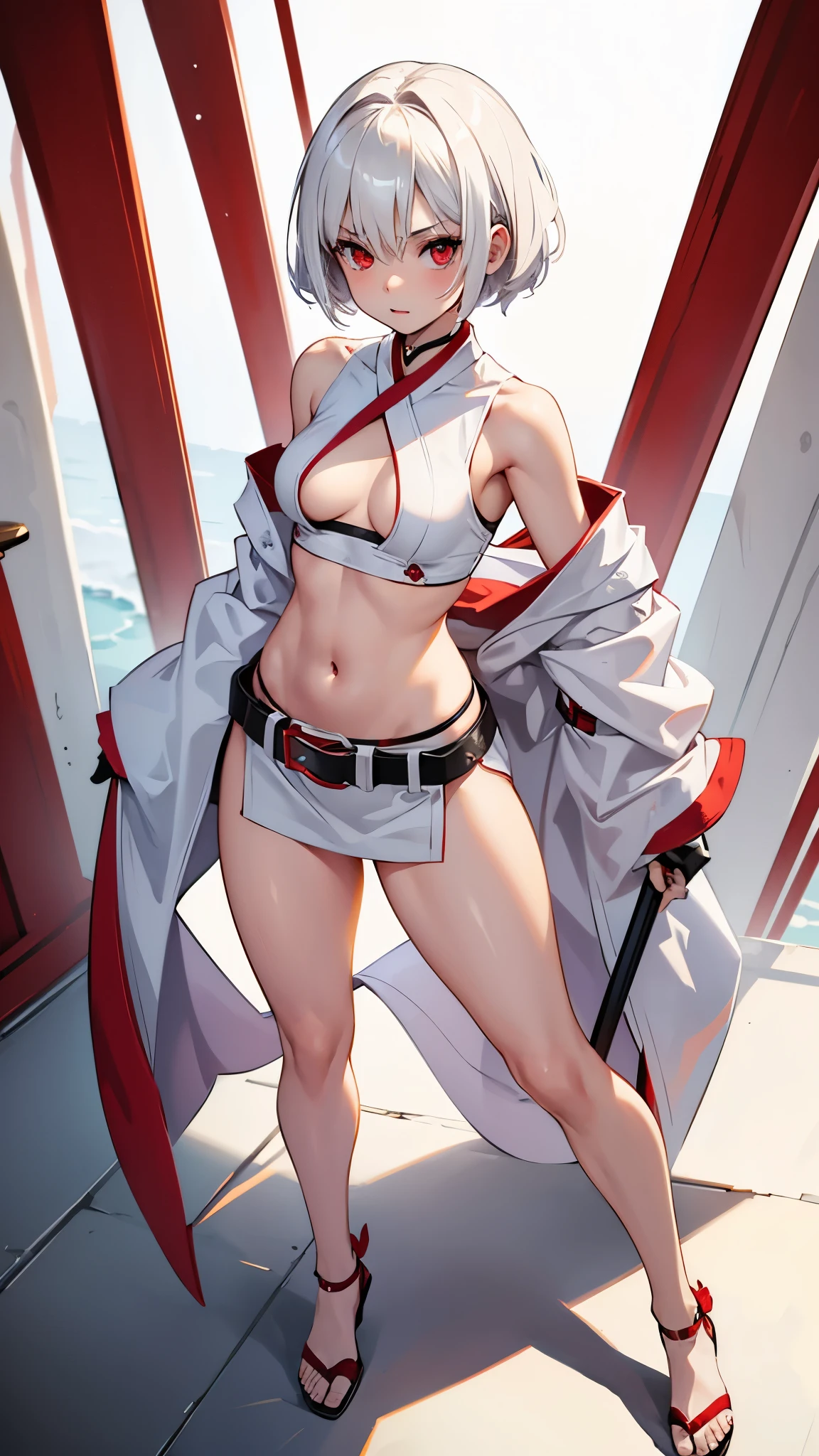 (best-quality:0.8), Girl with short white hair and red eyes, White Samurai, exposed midriff, clear background. full body shot, full-frame small breasts, sexy, erotic