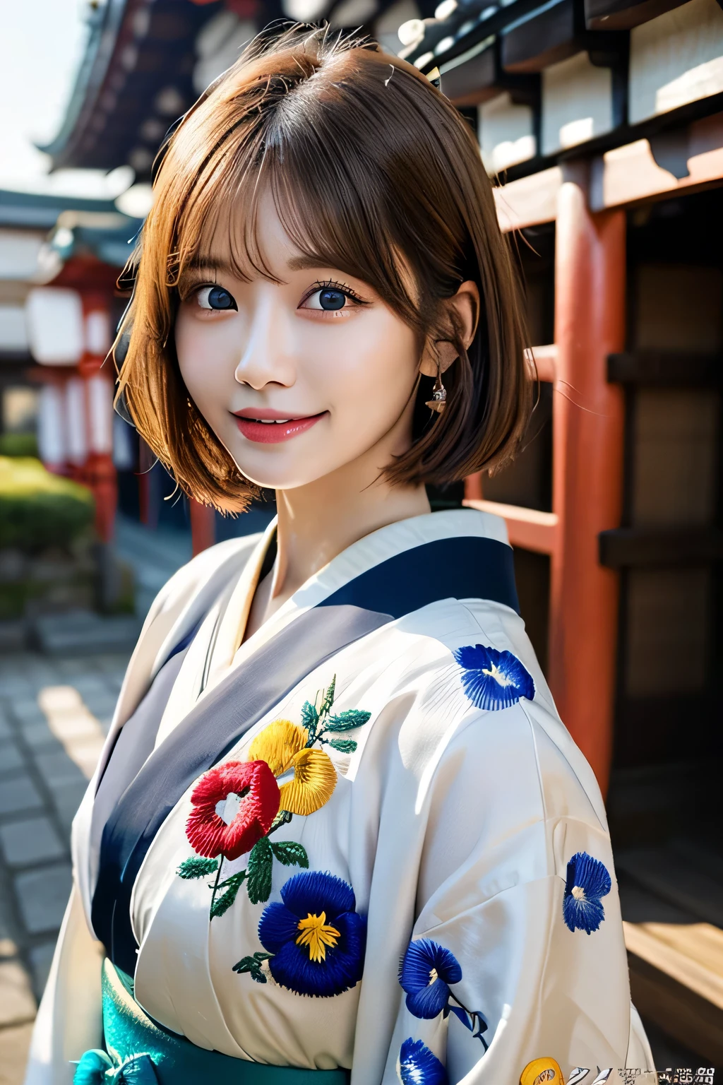 ((masterpiece)), ((highest quality)), (super detailed), (RAW shooting), (photo-realistic), ((cute)), cute, ((very detailed)), (fine eyes), (detailed facial features), (fine fingers), (Detailed clothing characteristics), 4K, (8K), highest quality, (beautiful), (Upper body:1.3), (selfie:1.3), (Lively Japanese shrines:1.4), ((walk)), sunrise, Beautiful woman, alone, (Brightly colored luxury kimono:1.3), (luxurious embroidery kimono:1.3), beautiful Light Brown hair, beautiful Blue Eyes, ((beautiful目)), short hair, white teeth, (great joy:1.3), Lens flare, shine with colored light, shiny