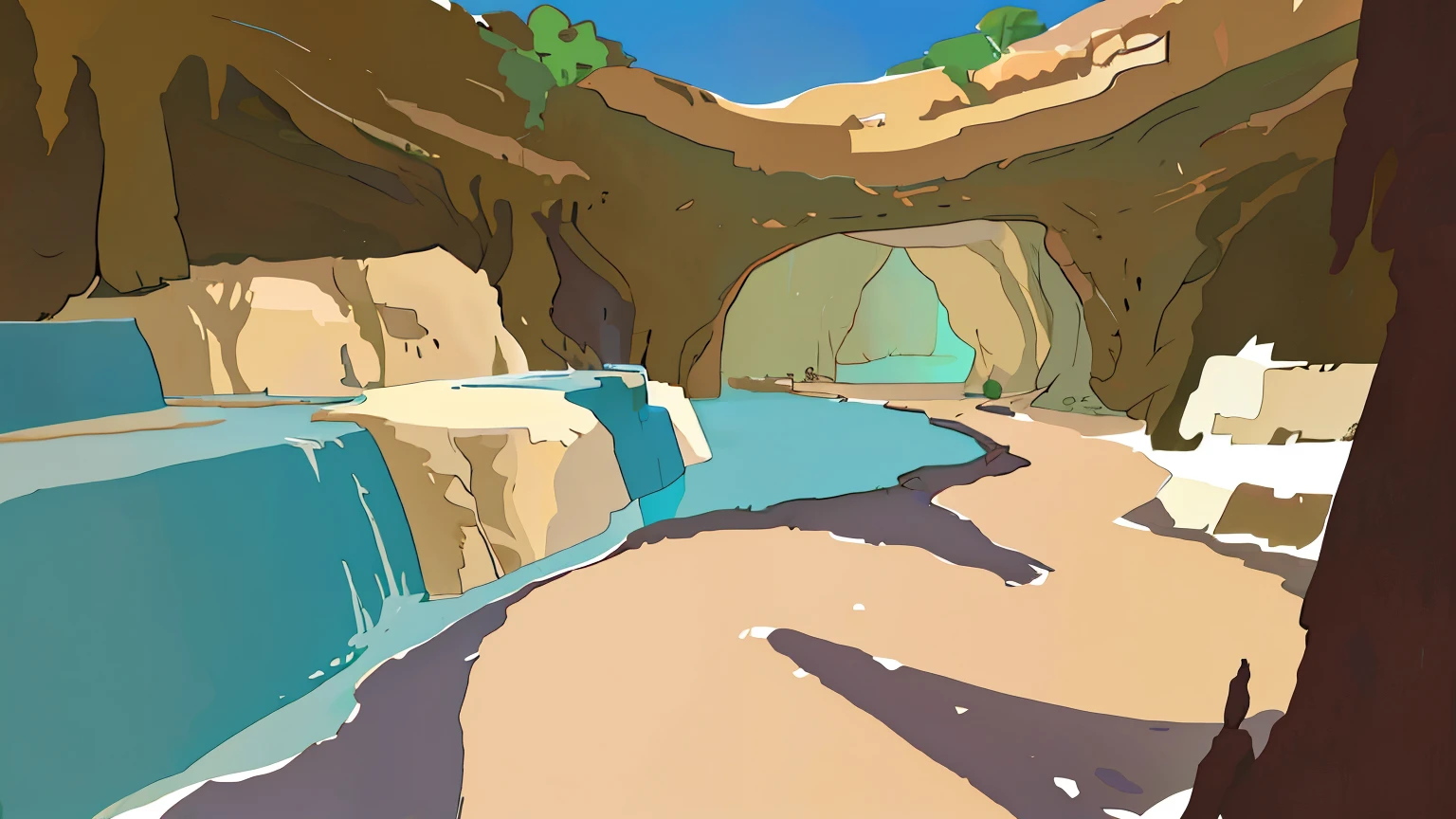 there a painting,The painting of a cave with a waterfall, canyon background, Desert oasis background, background art, Cave with waterfall, low detail. digital painting, a digital painting, detailed digital painting, brown canyon background, cave background, canyon, digital illustration style, mysterious canyon streams, high detail digital painting, Stylized digital illustration, 2d illustration
