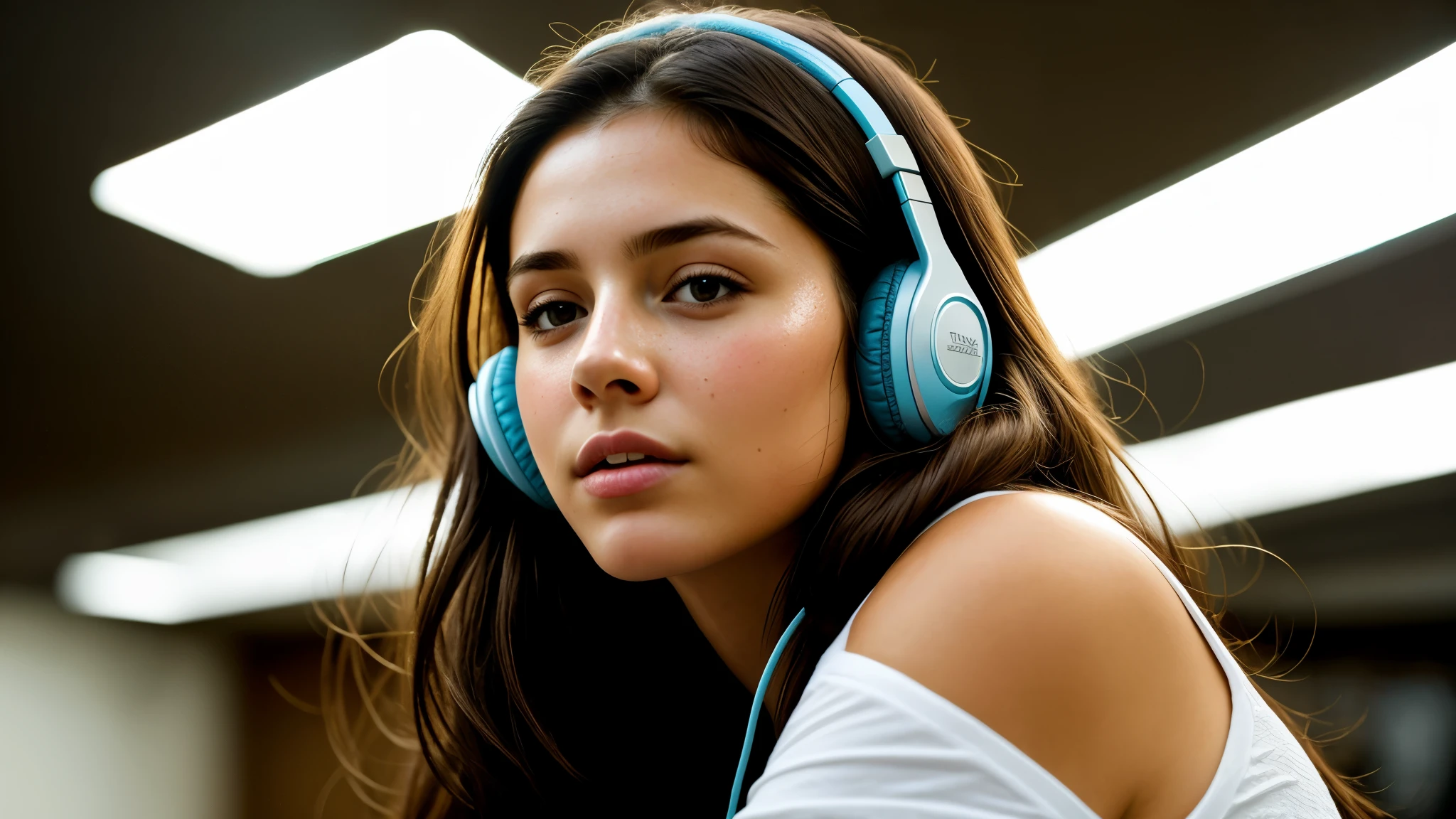 dressed, (photo realistic:1.4), (hyper realistic:1.4), (realistic:1.3), (smoother lighting:1.05), (increase cinematic lighting quality:0.9), 32K, 1girl,20yo girl, realistic lighting, backlighting, light on face, ray trace, (brightening light:1.2), (Increase quality:1.4), (best quality real texture skin:1.4), finely detailed eyes, finely detailed face, finely quality eyes, (tired and sleepy and satisfied:0.0), face closeup, t-shirts with headphones, (Increase body line mood:1.1), (Increase skin texture beauty:1.1)