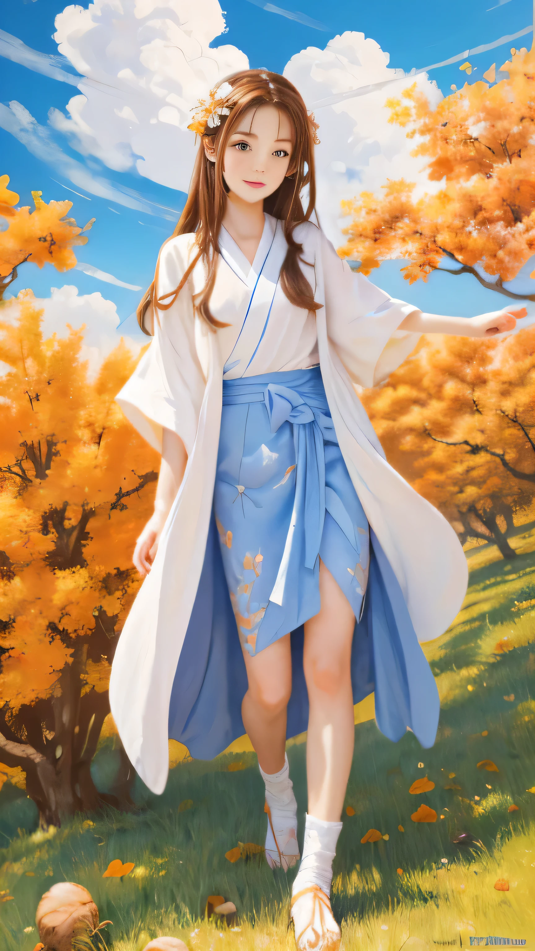 high quality images,alone, 1 girl, eye details,, chestnut hair, looking at the viewer, portrait, detailed drawings and faces, long hair, closed mouth,Unparalleled beauty details,The surroundings are shining, orange kimono,Full body high-definition painting,blue sky and white clouds,Full body high-definition painting,