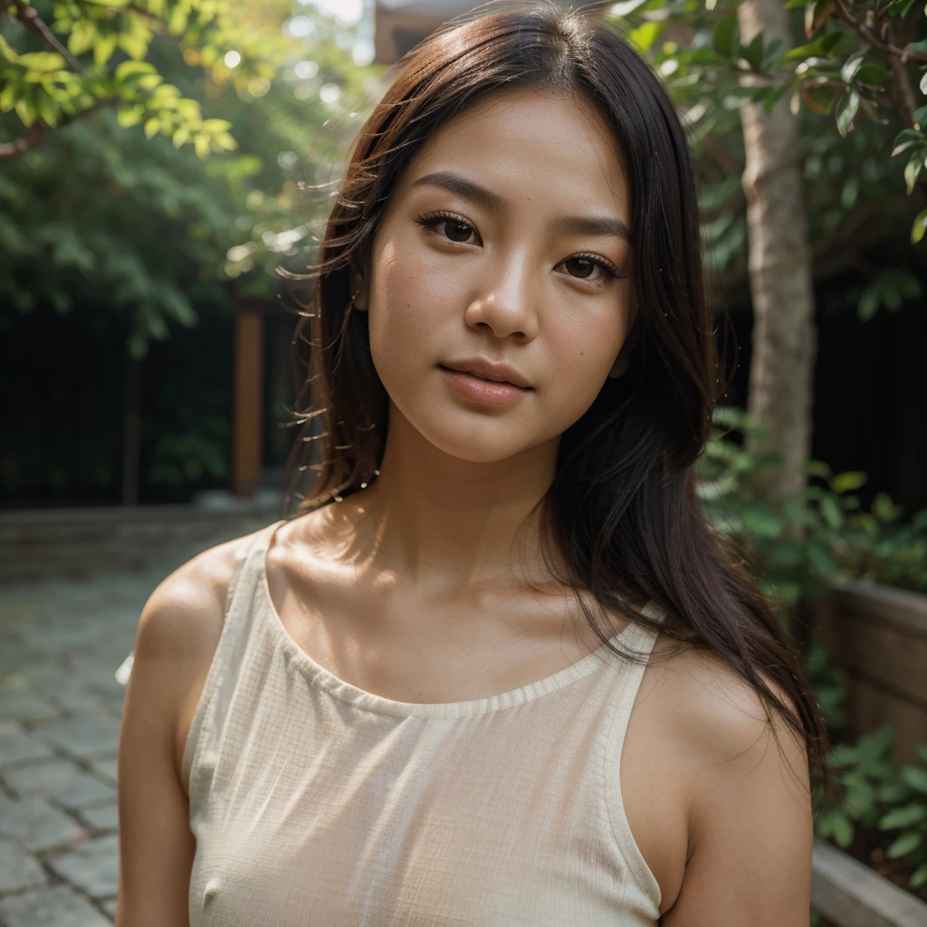 (best quality,highres,ultra-detailed),female asian model,beautiful, face photo, soft and glowing skin,natural outdoor setting,artistic portrait,subtle vibrant colors,subtle bokeh effect, Face shot, selfie