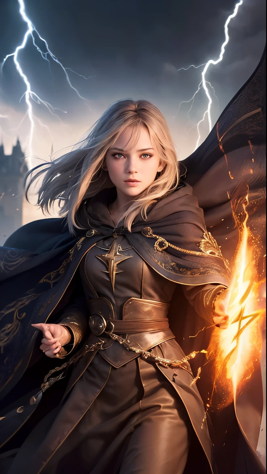 (skindentation:1.5), Realistic, Photorealistic, (masterpiece:1.5), concept art, intricate details, highly detailed, photorealistic, octane render, 8k, unreal engine, dynamic pose, best quality, highres, (realistic face:1.1), (hyperrealistic:1.1), ((full_body)), perfect eyes,(shiny skin:1.2), (((hairstyle))), (((perfect hands))), (extremely detailed background), ((dynamic background)), ((lightning)), (light rays), ((1girl)), wearing cloak, (((flowing cloak))), ((detailed eyes, high quality eyes, high quality face)), (extremely intricate robes, magical robes), short hair, casting lightning, electricity, swirling fire, radiating power, sparks, smoke, magic, ((dramatic)), epic, battlefield, depth of field, bokeh, 4k, gothic, ember, particles
