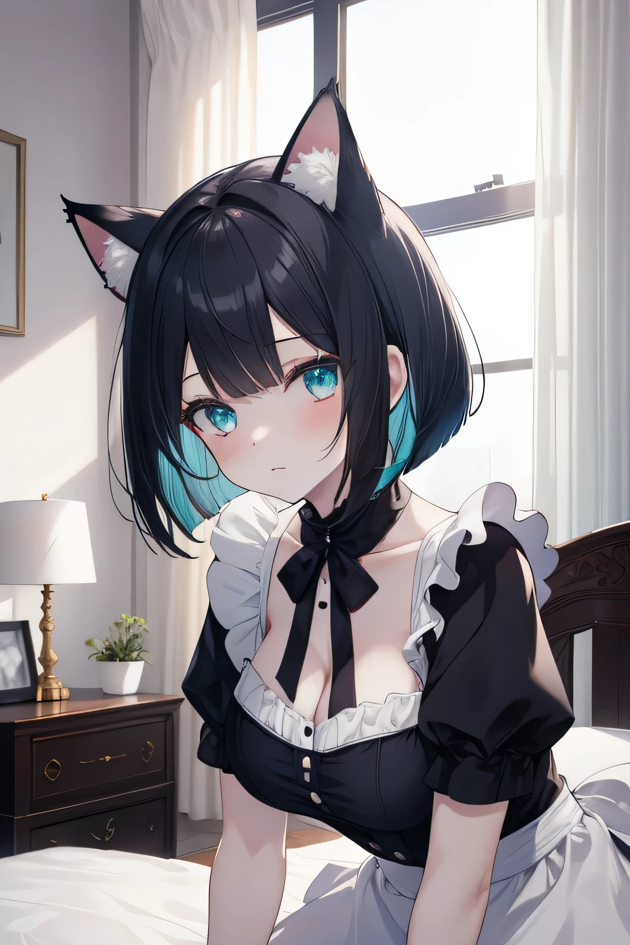 ((masterpiece)), ((highest quality)), ((8K)), High resolution, 1 girl, Cat ear, white skin, big breasts, light blue maid, Bedroom, Bed Making, black hair color, bob cut, Expressionless,