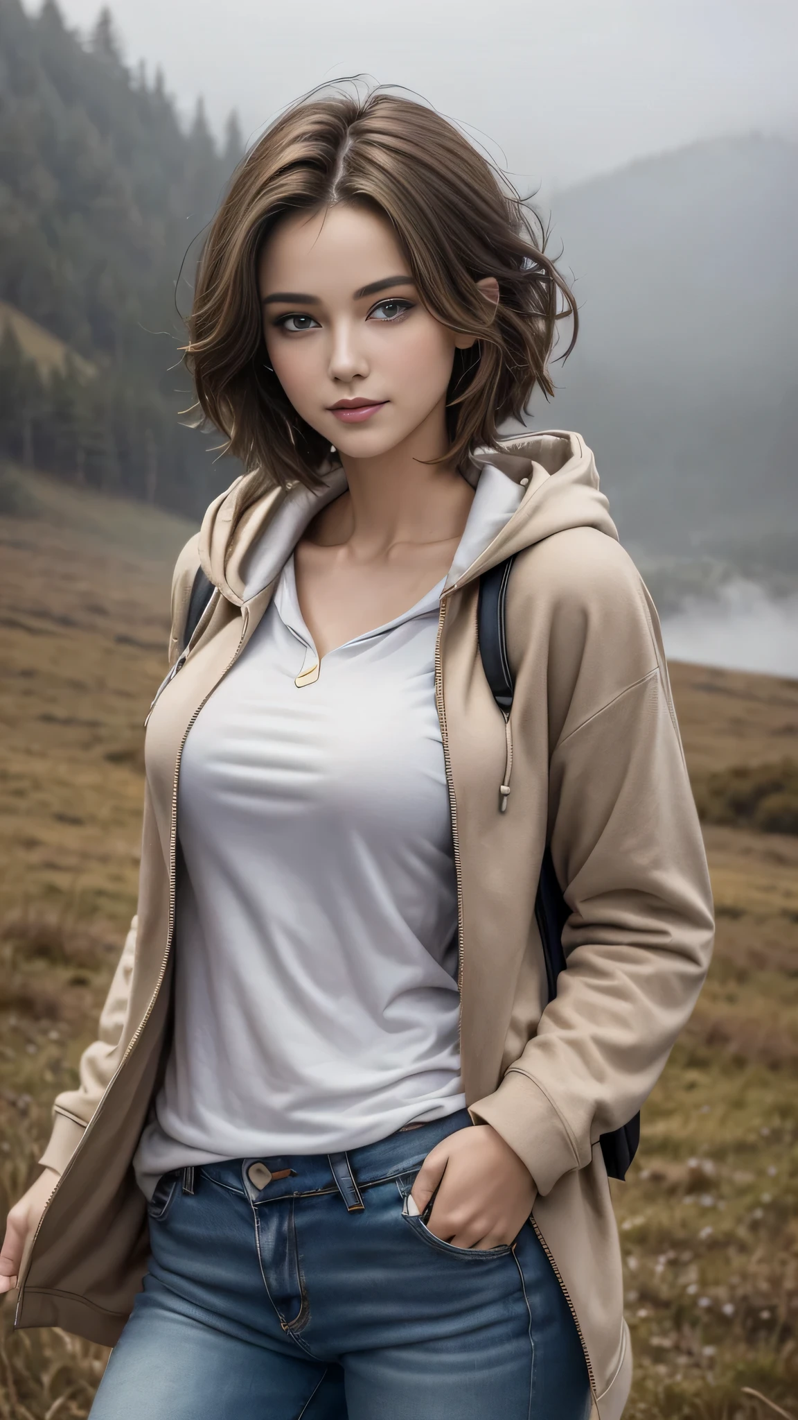 (Masterpiece, best quality, award winning, photorealistic, fashion photography :1.5), Photoshoot by DSLR camera with vivid color tone, sharp focus, 35mm. lens and f/2.8. close-up shot at mountain top with beautiful fog view, at dawn, foggy, A beautiful European female youth, model, ig idol, delicate face, perfect slim body, attractive slender body, big boobs, beautiful eyes, no make-up, dark blonde messy short hairs. Wearing hoodie coat, jean pants, backpack, top of the hill, light smiling.