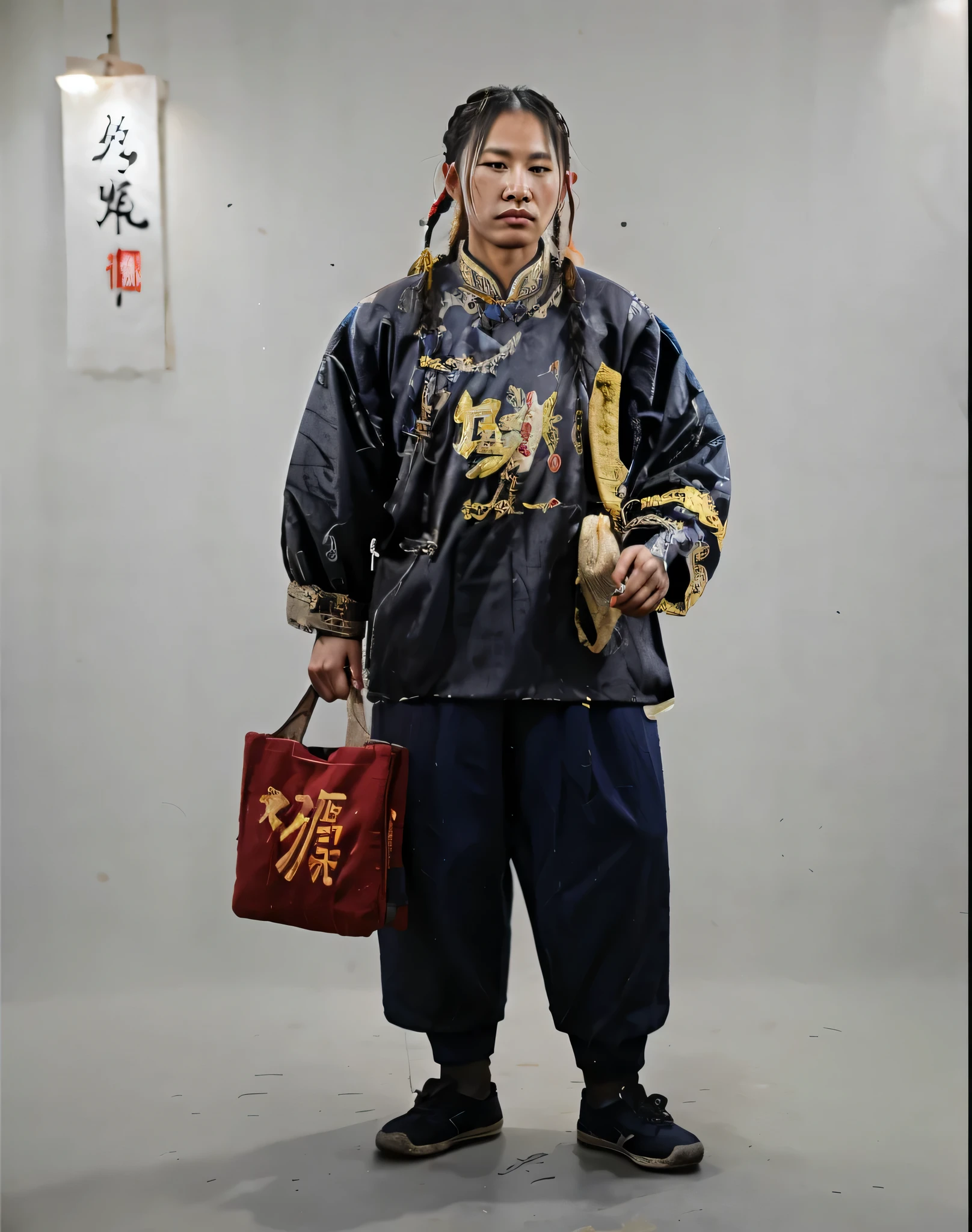 A person holding a cage, Chinese style, Shabby cotton clothes, worn cotton shoes, Shabby pants, Qing Dynasty braids, poor