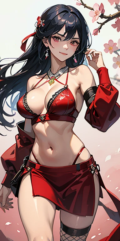 (masterpiece), best quality, expressive eyes, perfect face, ((crimson armor)), black hair, closed smile, athletic body, slim figure, lace bikini, pelvic curtain, exposed midriff, large breasts, cleavage, ((fishnets)), watercolor, sakura blossom background