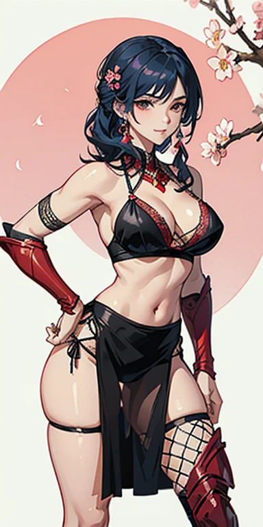 (masterpiece), best quality, expressive eyes, perfect face, ((crimson armor)), black hair, closed smile, athletic body, slim figure, lace bikini, pelvic curtain, exposed midriff, large breasts, cleavage, ((fishnets)), watercolor, sakura blossom background