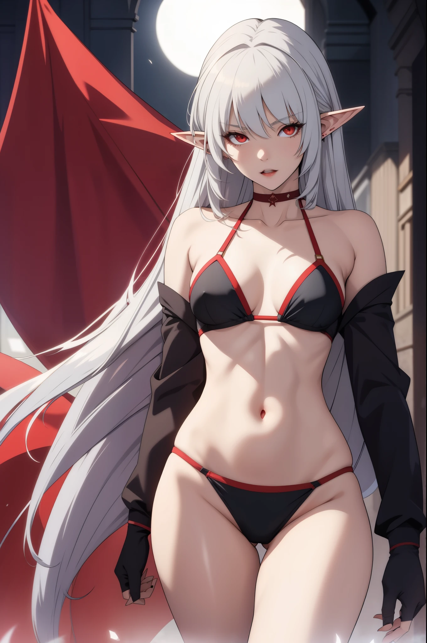 alice,vampire,grey hair, long hair, red eyes, pointy ears, small breasts,((bikini))
