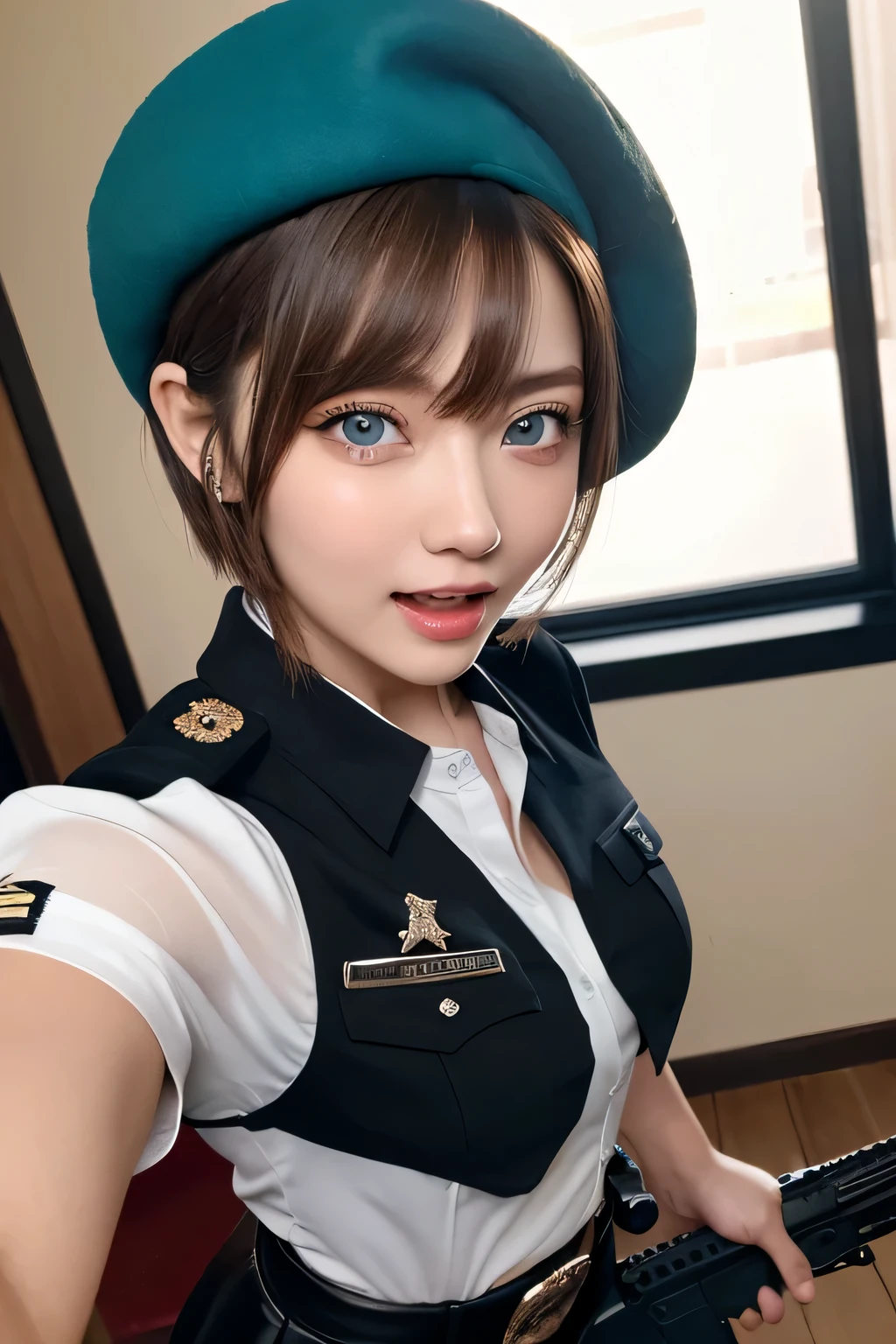 ((masterpiece)), ((highest quality)), (super detailed), (RAW shooting), (photo-realistic), ((cute)), cute, ((very detailed)), (fine eyes), (detailed facial features), (fine fingers), (Detailed clothing characteristics), 4K, (8K), highest quality, (beautiful), (cowboy shot:1.3), (selfie:1.2), (Remains:1.2), sunrise, Beautiful woman, alone, (black combat uniform:1.3), (black tight skirt:1.3), (combat beret:1.2), beautiful Light Brown hair, beautiful Blue Eyes, ((beautiful Eyes)), short hair, white teeth, (Hold an assault rifle in The Lady 1.2), (great joy:1.3), shine with colored light, shiny