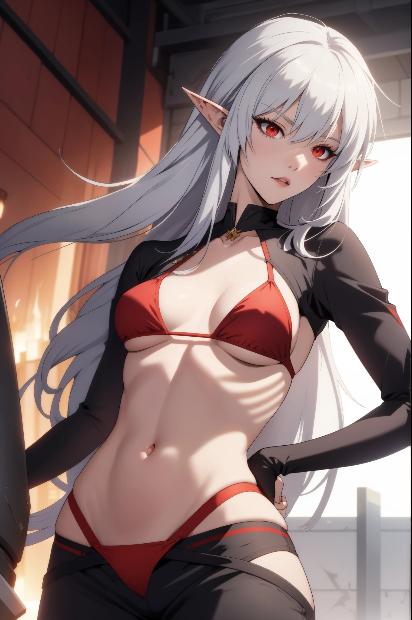 alice,vampire,grey hair, long hair, red eyes, pointy ears, small breasts,((bikini))
