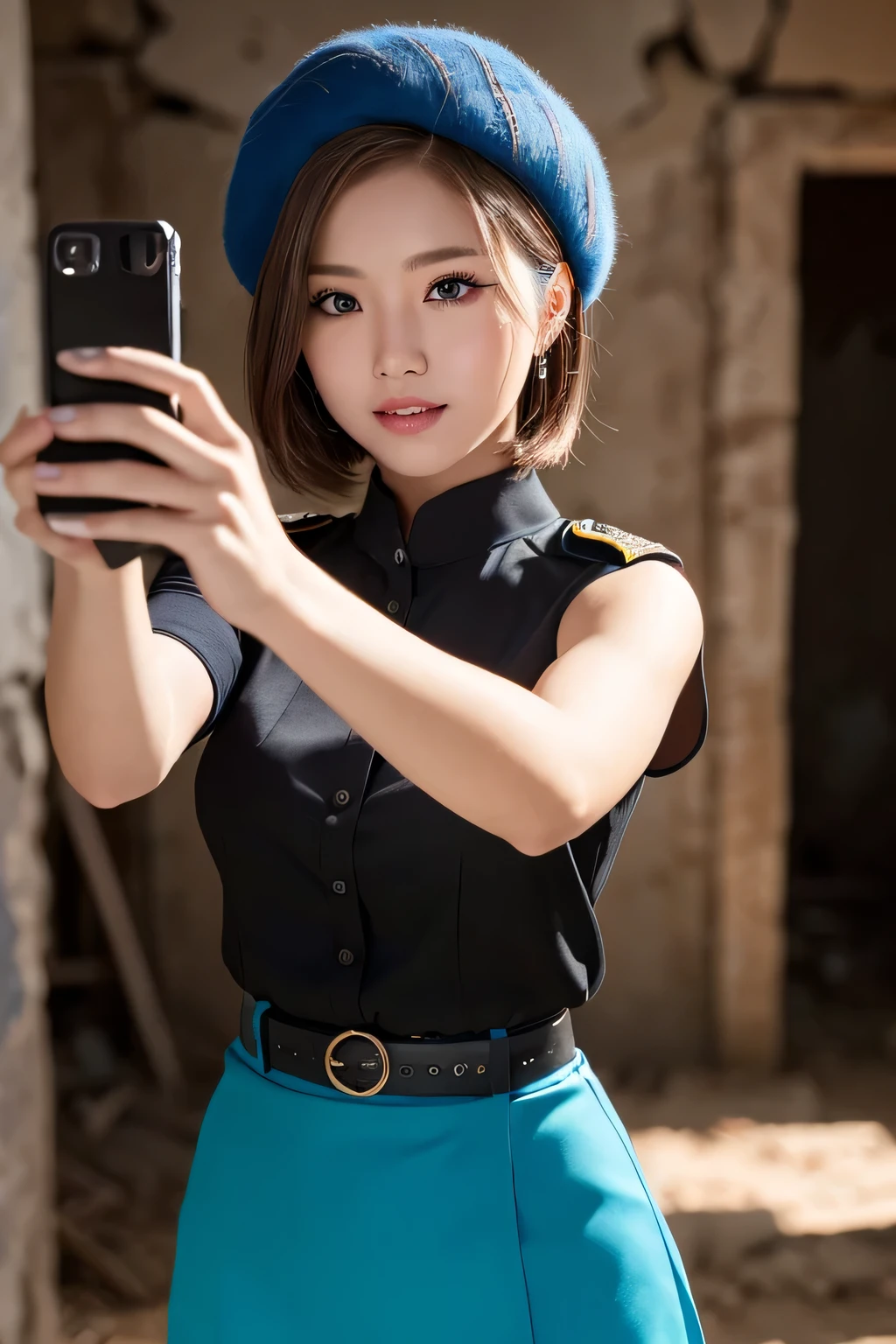((masterpiece)), ((highest quality)), (super detailed), (RAW shooting), (photo-realistic), ((cute)), cute, ((very detailed)), (fine eyes), (detailed facial features), (fine fingers), (Detailed clothing characteristics), 4K, (8K), highest quality, (beautiful), (cowboy shot:1.3), (selfie:1.2), (Remains:1.2), sunrise, Beautiful woman, alone, (black combat uniform:1.3), (black tight skirt:1.3), (combat beret:1.2), beautiful Light Brown hair, beautiful Blue Eyes, ((beautiful Eyes)), short hair, white teeth, (Hold an assault rifle in The Lady 1.2), (great joy:1.3), shine with colored light, shiny