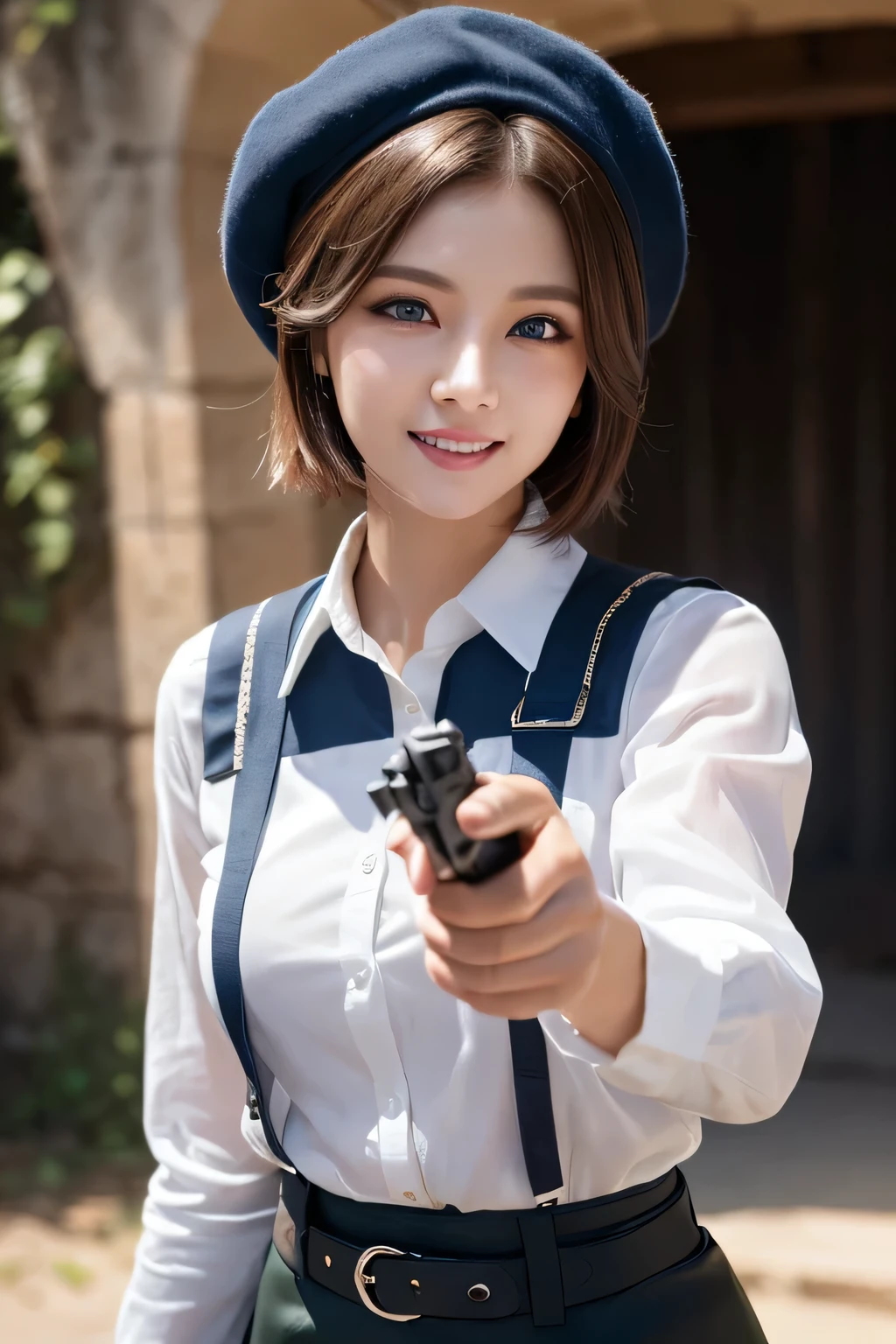 ((masterpiece)), ((highest quality)), (super detailed), (RAW shooting), (photo-realistic), ((cute)), cute, ((very detailed)), (fine eyes), (detailed facial features), (fine fingers), (Detailed clothing characteristics), 4K, (8K), highest quality, (beautiful), (cowboy shot:1.3), (selfie:1.2), (Remains:1.2), sunrise, Beautiful woman, alone, (black combat uniform:1.3), (black tight skirt:1.3), (combat beret:1.2), beautiful Light Brown hair, beautiful Blue Eyes, ((beautiful Eyes)), short hair, white teeth, (Hold an assault rifle in The Lady 1.2), (great joy:1.3), shine with colored light, shiny