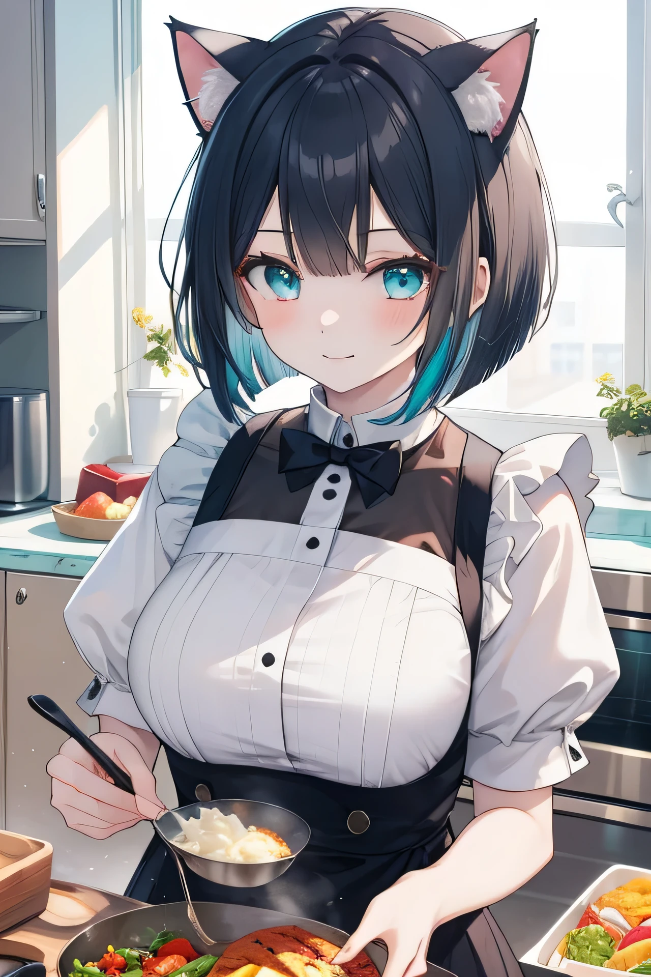 (Masterpiece), Best Quality, ultra-detailed, perfect hands, Delicate eye expression, 1girl (rinko_iori, Sexy, A voluptuous and sexy body, Big and pretty breasts, naked body, dark blue hair, long hair, blue eyes),open mouth,red lipstick, solo, nude,torn maid clothes, maid headdress, torn clothes, In the kitchen, standing, Sexy waist teasing, cowboy shots