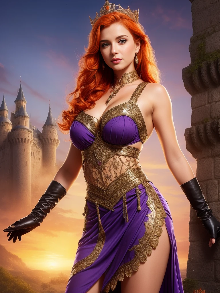 wearing a crown,(a medieval castle on the background:1.5),eyes,nose,lips,teeth,smile,(huge breasts:1.2),small waist,big hips,looking at viewer,intricate details,(masterpiece, best quality),1girl,(abs:1.2),(gloves:1.5), huge breasts,smile,a 21 years old (orange hair:1.5)woman in a purple dress with a golden necklace on her neck, fantasy art, 1girl, armlet, bangle, bracelet, cleavage, dress, earrings, eyeshadow, hand on hip, jewelry,  lipstick, long hair, makeup, nail polish, necklace, purple dress, purple nails, solo, thighs, skirtlift, by Luis Royo, Maria Sibylla Merian, Carne Griffiths, Fixhand, 