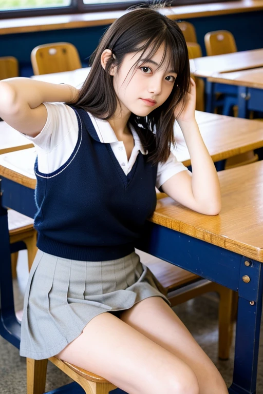 ((highest quality)), ((masterpiece)), 18 year old real Japanese beautiful high school girl、beautiful thighs、exposing small cleavage、Navy miniskirt 40cm above the knee、school uniform wet with water、straddle the classroom desk、open your legs wide、horizontal angle、beautiful armpits、beautiful little cleavage
