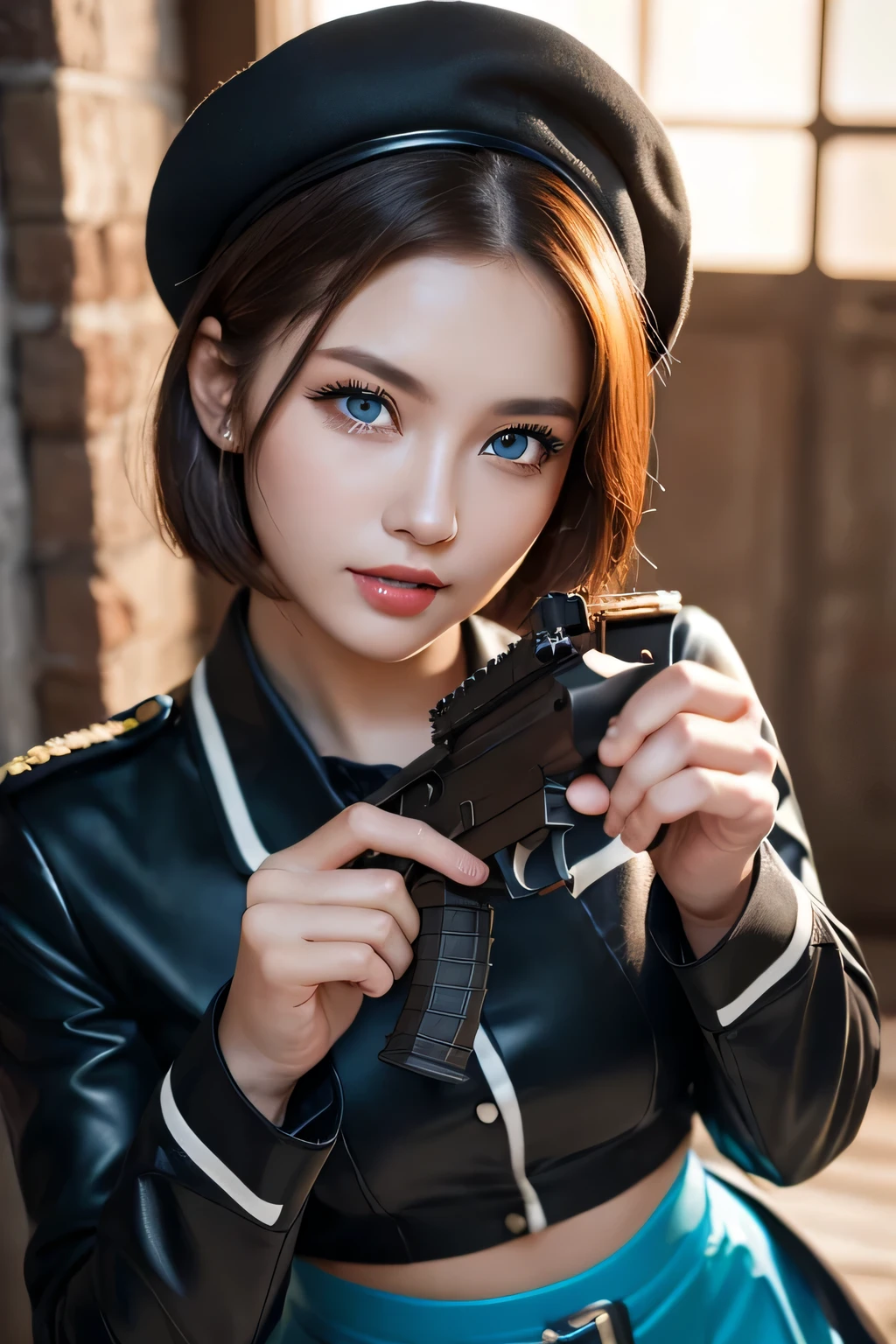 ((masterpiece)), ((highest quality)), (super detailed), (RAW shooting), (photo-realistic), ((cute)), cute, ((very detailed)), (fine eyes), (detailed facial features), (fine fingers), (Detailed clothing characteristics), 4K, (8K), highest quality, (beautiful), (cowboy shot:1.3), (selfie:1.2), (Remains:1.2), sunrise, Beautiful woman, alone, (black rubber combat uniform:1.3), (black rubber tight skirt:1.3), (black combat beret:1.2), beautiful Light Brown hair, beautiful Blue Eyes, ((beautiful Eyes)), short hair, white teeth, (Hold an assault rifle in The Lady 1.2), (great joy:1.3), shine with colored light, shiny