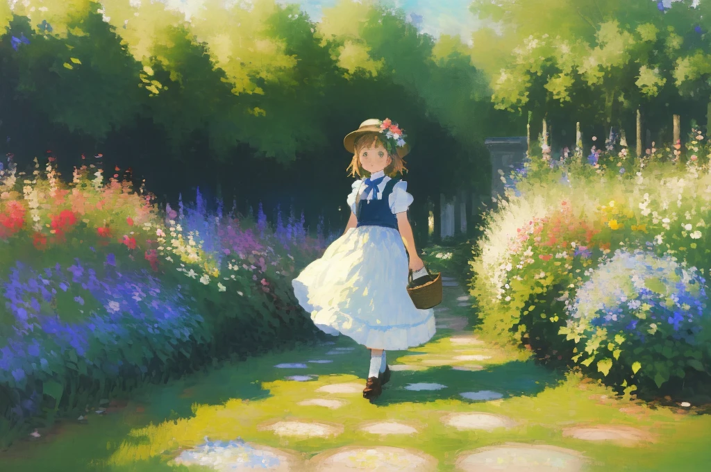 (1girl:1.5),garden,monet,impressionist,flower,garden,grass,stone step road,flowerpot,birch,maid,[doctor] cat's ear,up close,holding a flower basket,rich gradient,extreme colors,extreme details,clear light perception,