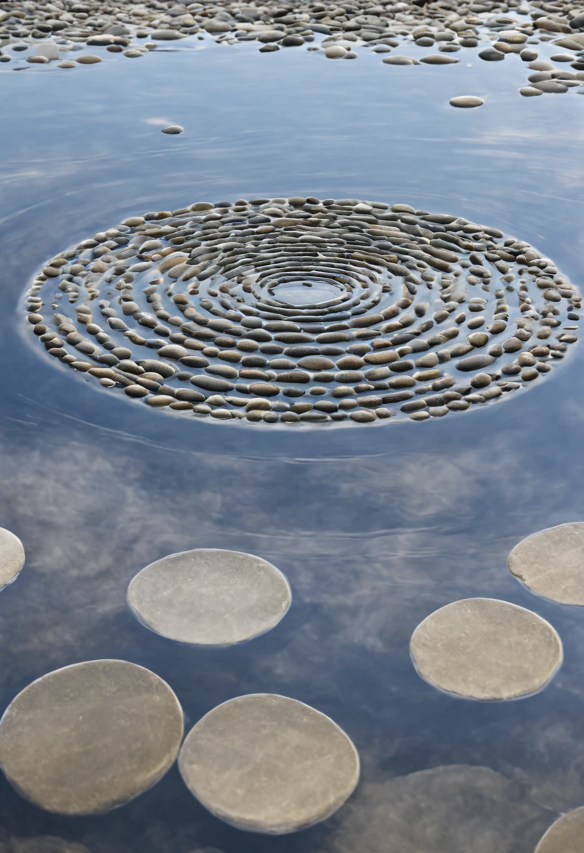 A pebble creating concentric ripples in a still pond, reflecting the surrounding landscape.